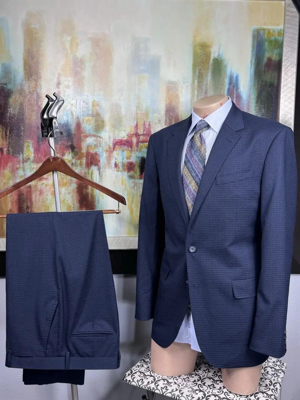 Karl Lagerfield Mens Navy Plaid 42L 2 Piece Suit Pants 36/32